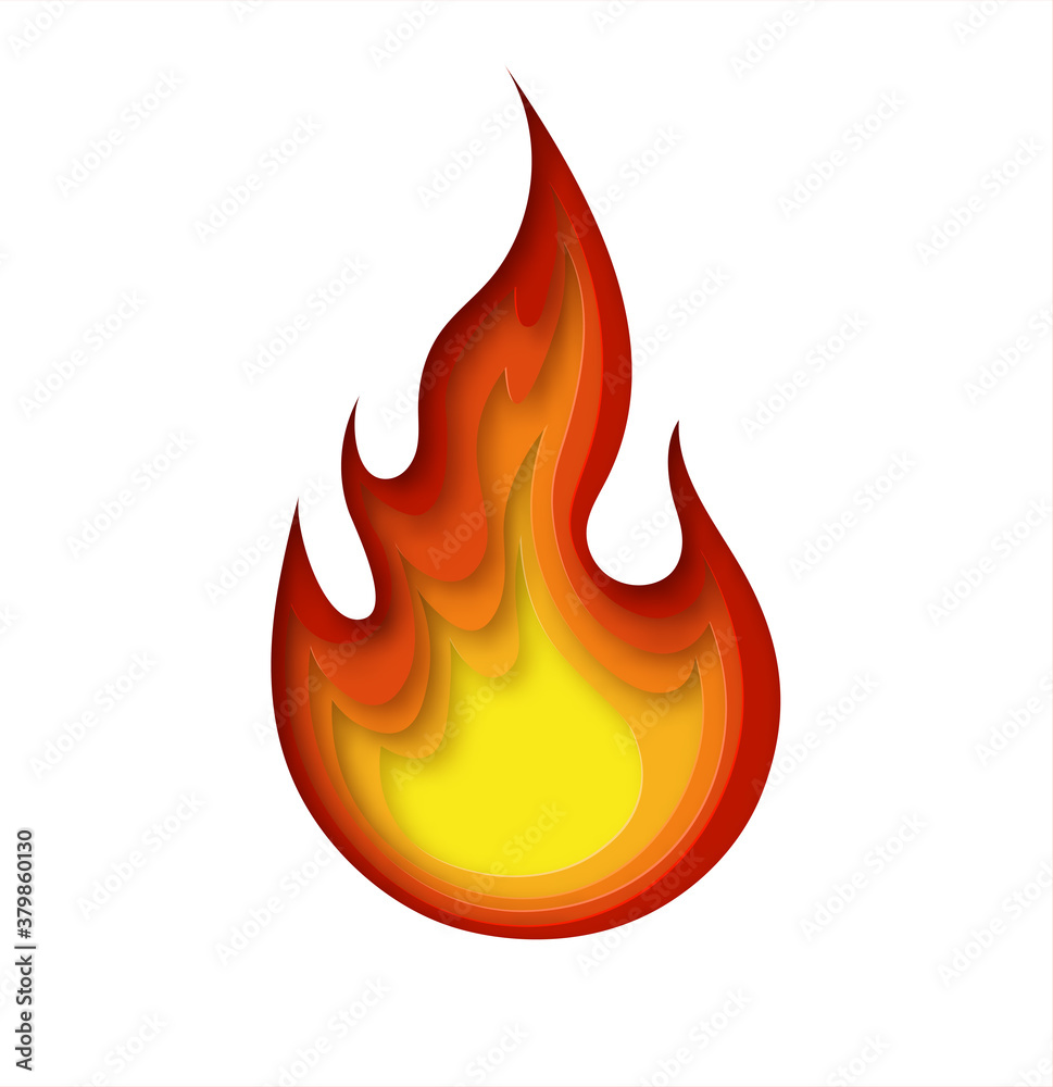 Isolated illustration of fire in paper cut style. Layered design. Icon or concept. Vector illustration
