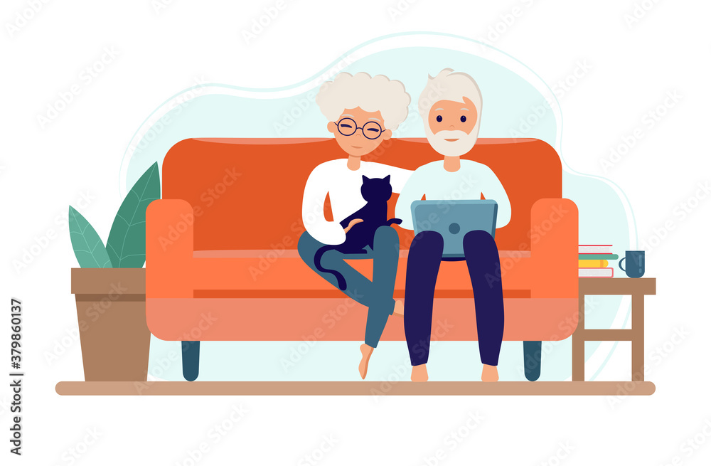 Old couple Stay at home. Senior Man and woman sitting on sofa with laptop. Pensioners with cat. Elderly people during coronavirus outbreak concept. Vector Illustration in flat style