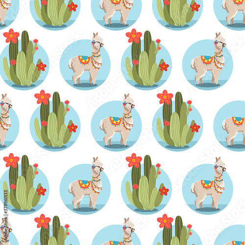 Illustration with alpaca and cactus plants. Vector seamless pattern on white background. Llama.