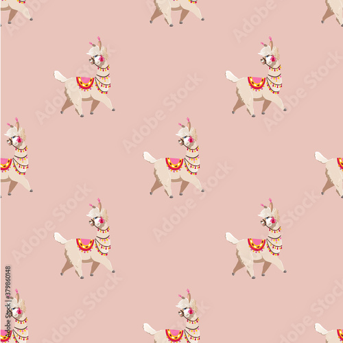 Illustration with alpaca and cactus plants. Vector seamless pattern with Llama.