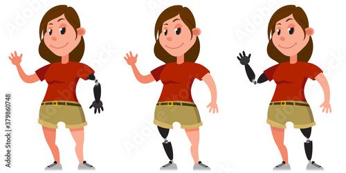 Woman with prosthetic arm and leg. Standing female character.