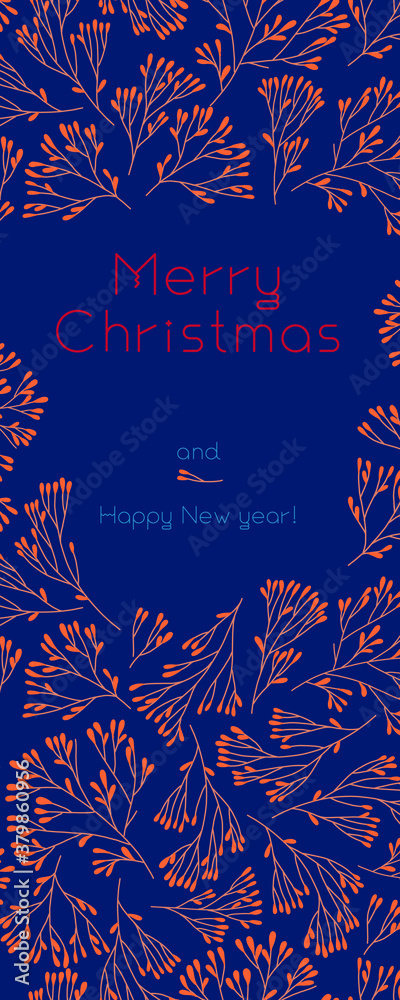 Fototapeta Merry Christmas vertical banner template in vector on dark-blue background. Winter sale with floral pattern. New Year seasonal celebration greeting card. Pinecone Xmas branches and isolated leaves.