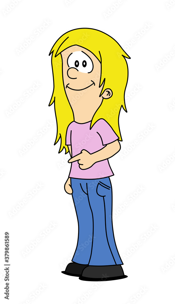 Cute blonde young girl character standing and pointing with her finger. Colorful sketch line cartoon style vector illustration. Cute blonde young girl character standing and pointing with her finger. Colorful sketch line cartoon style vector illustration.