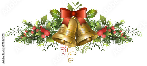 Christmas fir garland with golden bells, bow and red berries.