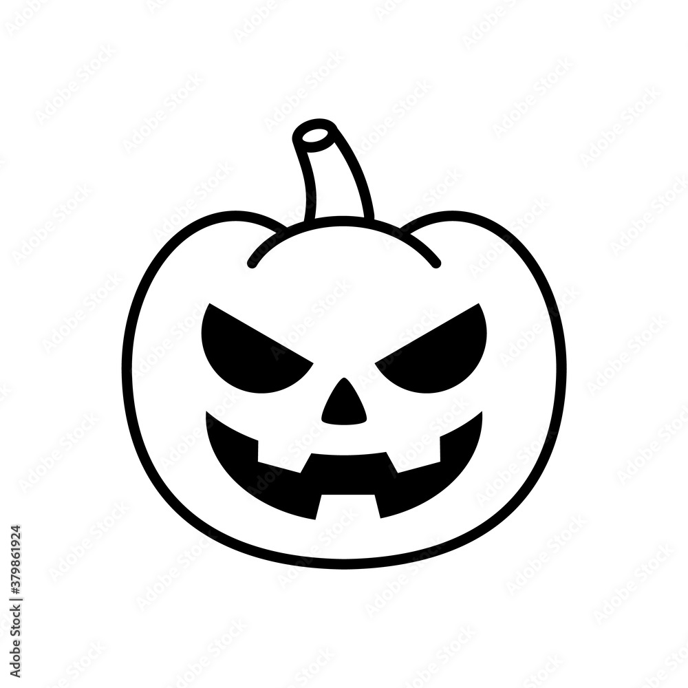 Evil smile pumpkin. Jack O lantern. Scary Halloween Pumpkin Icon. Happy Halloween concept. Simple black and white symbol. Isolated pumpkin icon. White background. Vector illustration, outline,clip art