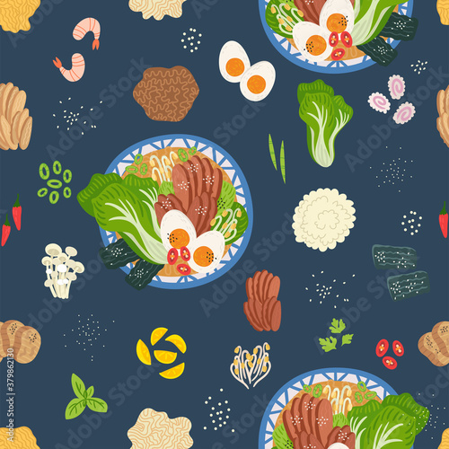 Seamless pattern. Ramen, udon, noodles in bowl on table. Top view. Vector illustration. Japanese soup, Ingredients in flat style. Asian food: miso, nori, soybean sprouts, kamaboko, enoki, bok choy.