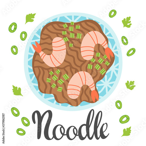 Shrimp udon in bowl on table. Top view. Illustration with japanese soup in cartoon flat style. Asian food: miso soup, noodles, onion. Vector round composition. Isolated items.