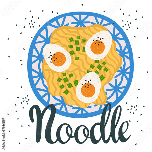 Egg ramen in bowl on table. Top view. Illustration with japanese soup in cartoon flat style. Asian food: miso soup, noodles, onion. Vector round composition. Isolated items.