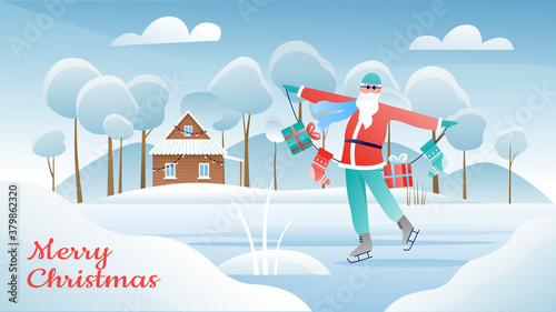 Merry Christmas vector illustration. Cartoon flat winter greeting card with Santa Claus ice skating and holding Xmas socks with Christmas present gifts in hands, snow landscape wintertime background