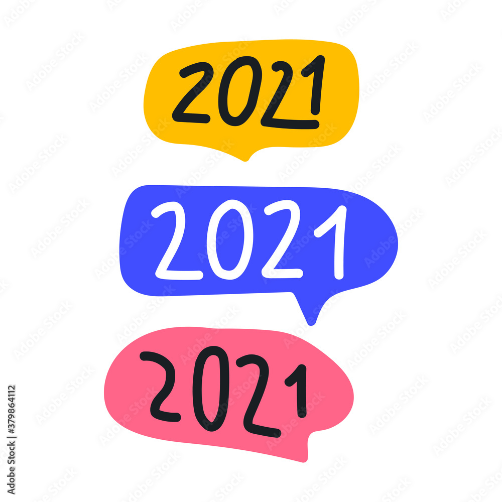 Speech bubbles for new year 2021. Hand drawn illustrations on white background. Speech bubbles for new year 2021. Hand drawn illustrations on white background.