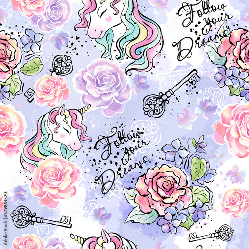 Art. Unicorn drawing. Fashionable ink and watercolor pattern with unicorns rose and violets. Follow your dreams. Text. Lilac background.