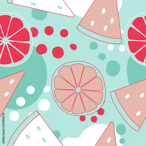 Seamless pattern with watermelon and oranges in trendy colors. Pink and green-blue colors