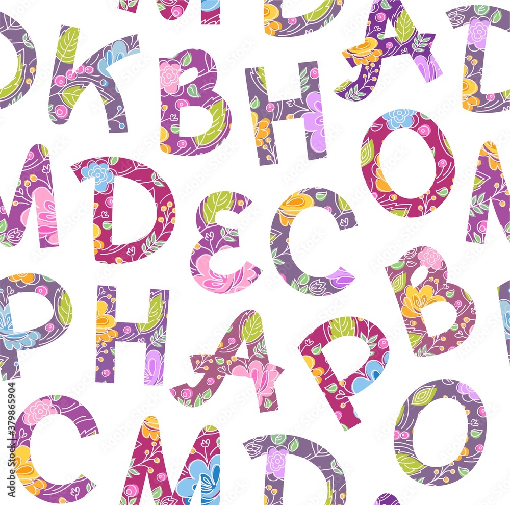 Floral letters, seamless pattern, white. Lilac letters with flowers and leaves. Uppercase handwritten letters. Vector. Floral letters, seamless pattern, white. Lilac letters with flowers and leaves. Uppercase handwritten letters. Vector.
