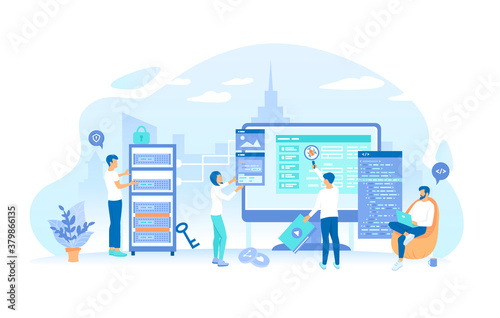 Programmers team are working on a new website. Web Development Programming Coding. Monitor, program code, server. Working process, teamwork communication. Vector illustration flat style.