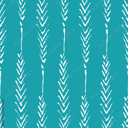 Mono print style narrow leaves seamless vector pattern background. Simple lino cut effect painterly outline leaf foliage on aqua blue backdrop. At home hand crafted concept. Vertical geometric repeat