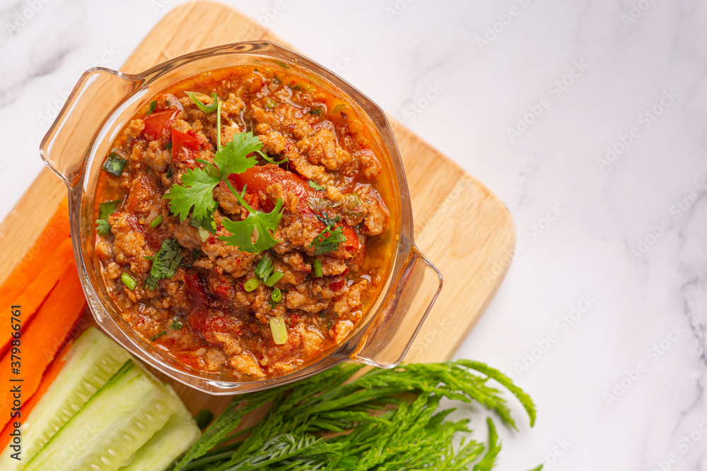 Nam Prik Ong, Spicy Pork with Vegetable Salad, Thai Food. Nam Prik Ong, Spicy Pork with Vegetable Salad, Thai Food.