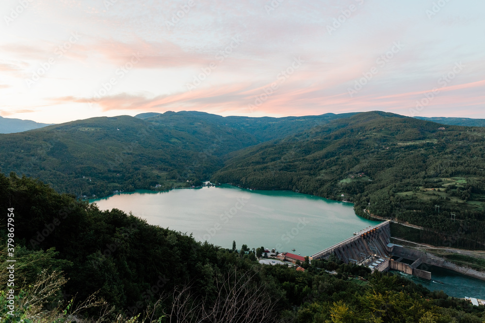 View of the Perucac lake, Serbia in sunset