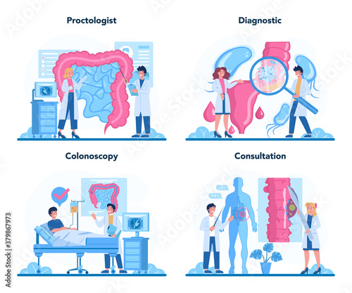 Proctologist concept set. Doctor examine intestine. Idea of health