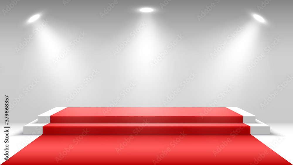 Obraz premium White podium with red carpet and spotlights. Blank pedestal. Stage for awards ceremony. Vector illustration.
