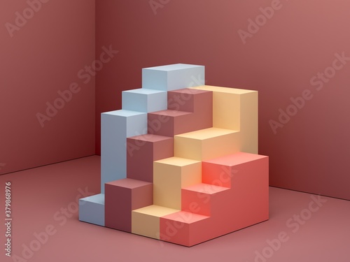 3d rendering. Stairs in a minimalist interior with modern geometric style. Autumn colors background for banners or product presentations. Architectural block, abstract background, fashion podium.