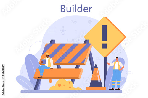 Builder concept. Professional workers constructing home with tools