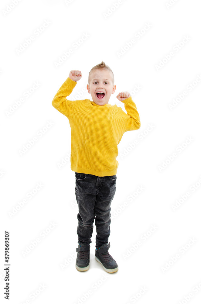 Childhood, fashion, power, joy and people concept - happy smiling boy in yellow sweatshirt raising hands up. Isolated on white background
Childhood, fashion, power, joy and people concept - happy smiling boy in yellow sweatshirt raising hands up. Isolated on white background