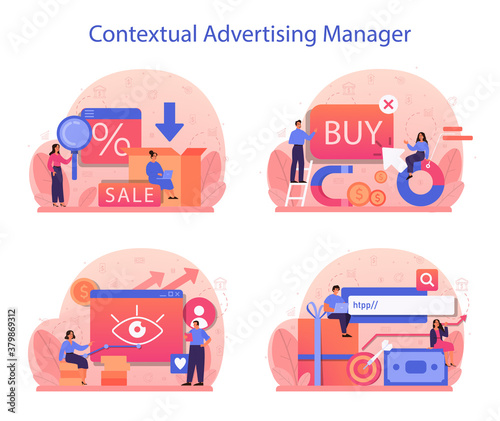 Contextual advertsing and targeting concept set. Marketing campaign