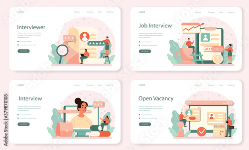 Job interview web banner or landing page set. Idea of employment