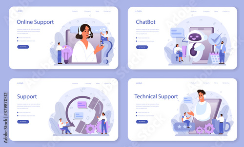 Technical support web banner or landing page set. Idea of customer