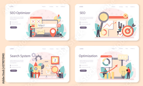 SEO optimizer web banner or landing page set. Idea of search engine