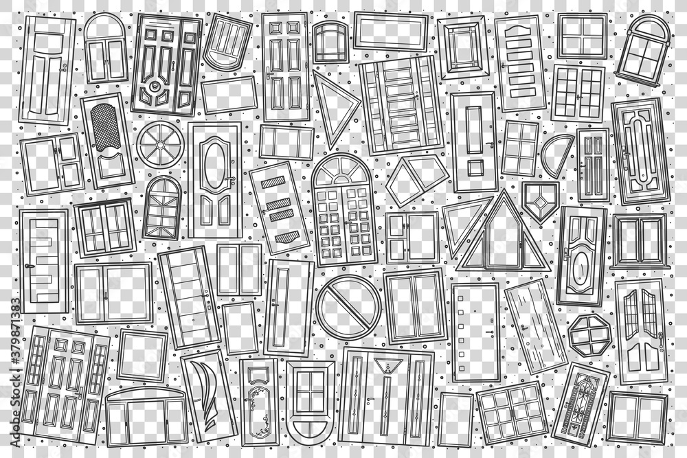 Windows and doors doodle set. Collection of and drawn sketches templates patterns of different size window frames and entrances of buildings on transparent background. Architecture and outdoor design.