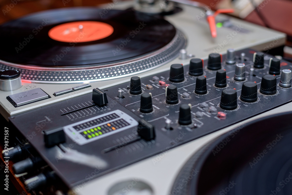Close up of a Dj equipment playing record Close up of a Dj equipment playing record