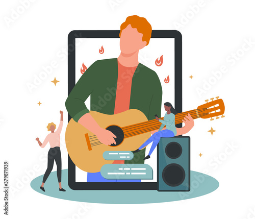 Online concert. Musician or artist making online show. Artist on device