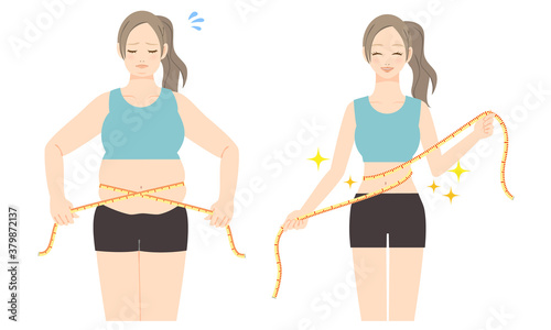 メジャーでウエストを測る若い女性のイラスト　before　after

