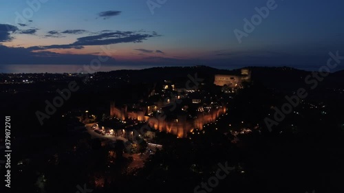 Panoramic aereal view of Gradara, one of the medieval town close to Rimini in Italy, at sunset