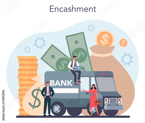 Encashment concept. Armored cash truck security. Money collecting