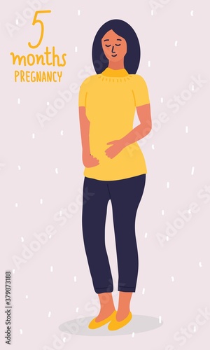Young white pregnant woman. Second trimester of pregnancy. She strokes her stomach. Hand written lettering 5 months. Cartoon vector illustration.