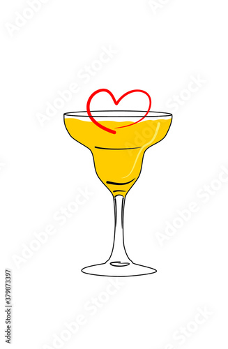 Vector image of cocktail in martini glass with romantic heart on white background