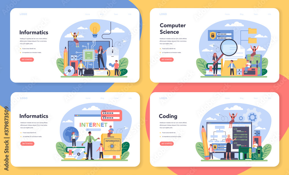 IT education web banner or landing page set. Student write