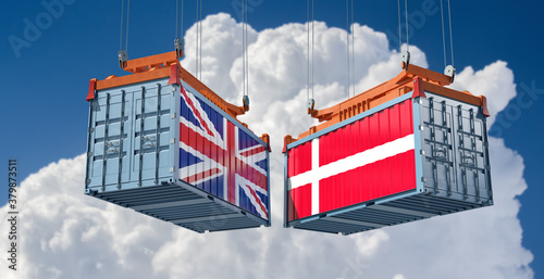 Freight containers with Denmark and United Kingdom flag. 3D Rendering 