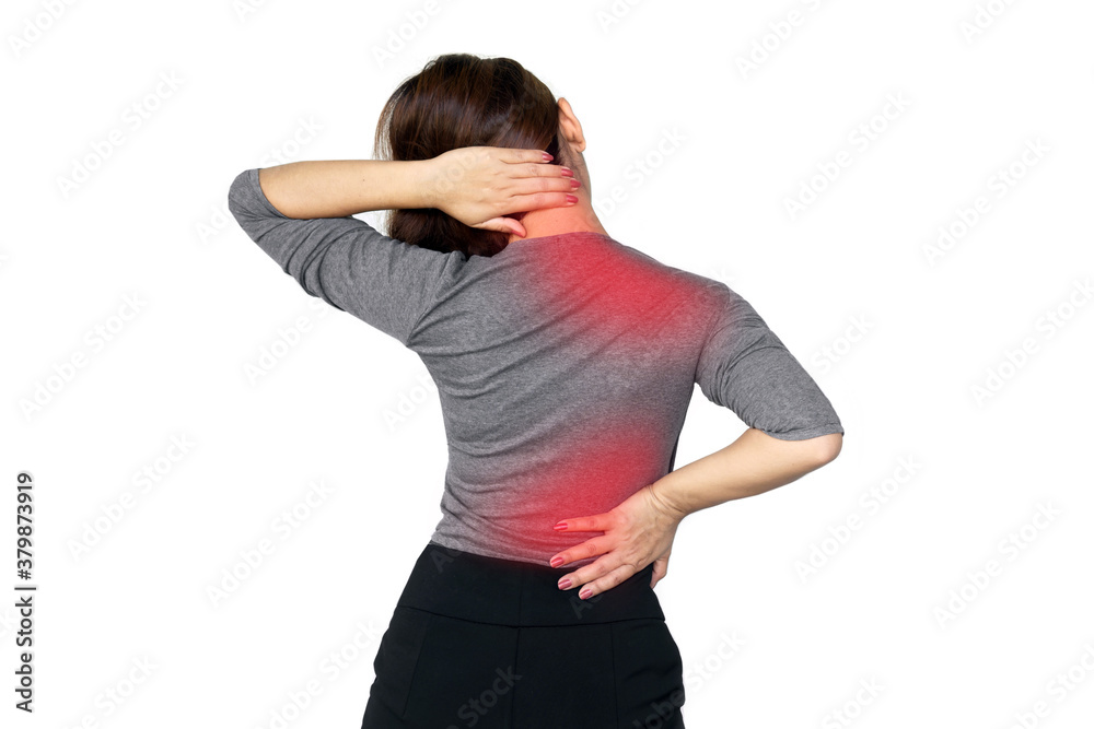 woman suffering from lower back and shoulder pain ,office syndrome concept woman suffering from lower back and shoulder pain ,office syndrome concept