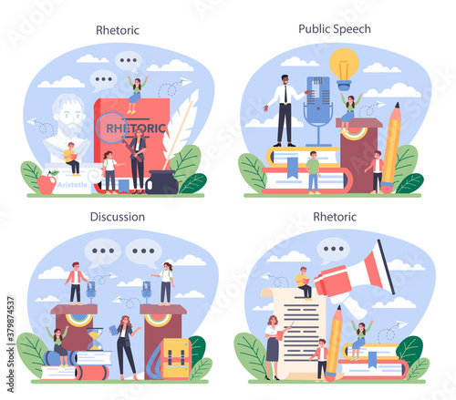 Rhetoric or elocution school class set. Voice training and speech