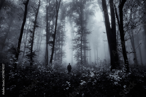 man in dark scary fantasy forest