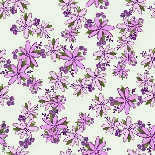 Simple cute floral bouquet vector pattern with small and medium flowers and leaves.