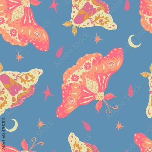 Light and romantic vector seamless pattern with summer moths, stars, moons and drops on blue background. Summer dreams © illygree