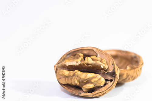 Walnut in shell on white background