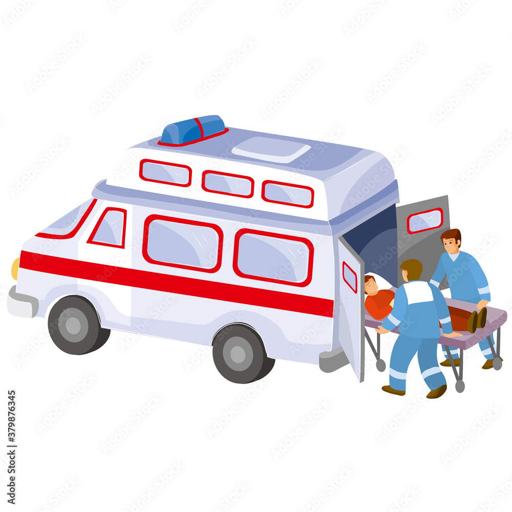 ambulance car together with paramedics pick up a patient on a stretcher, cartoon illustration, isolated object on white background, vector, ambulance car together with paramedics pick up a patient on a stretcher, cartoon illustration, isolated object on white background, vector,