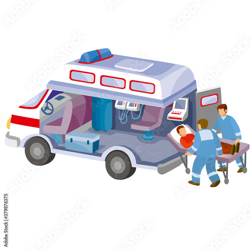 interior of an ambulance together with paramedics pick up a patient on a stretcher, cartoon illustration, isolated object on white background, vector,