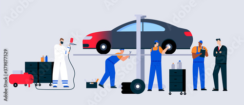Car service and maintenance scene, technicians team working in garage