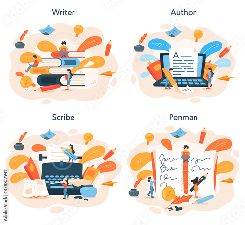 Professional writer or journalist concept illustration set. Idea of creative